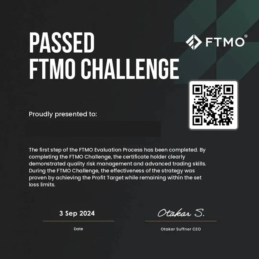 Passed FTMO Challenge certificate earned by a TFW member