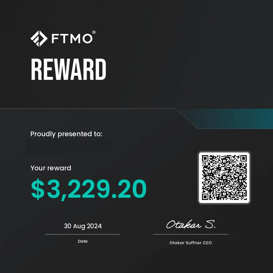 FTMO reward certificate for $3,229.20 issued to a TFW member