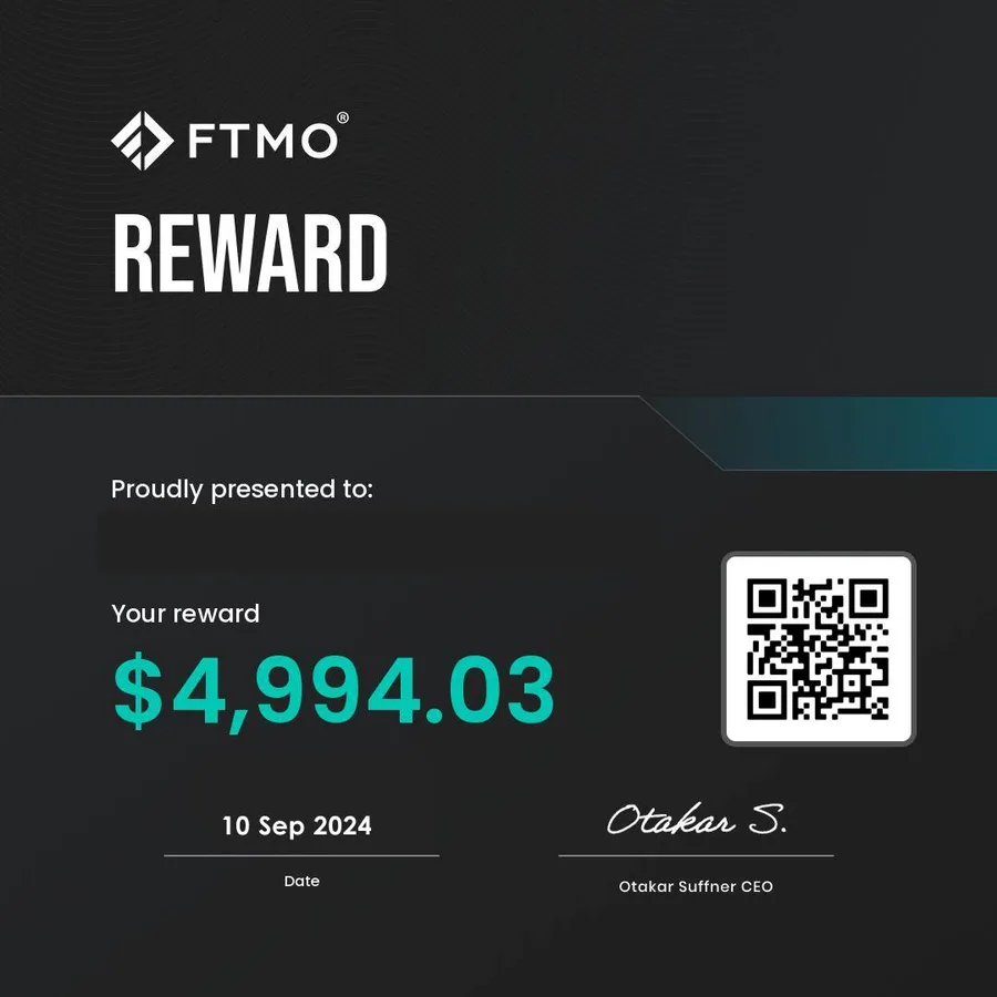 FTMO reward certificate for $4,994.03 issued to a TFW member