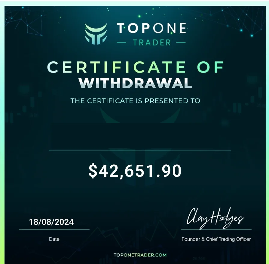 Certificate of withdrawal for $42,651.90 shared by a TFW member with her post (name hidden for privacy)