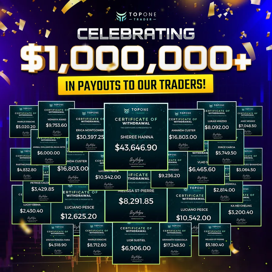 Prop firm collage celebrating over one million dollars in payouts, featuring a TFW member's $43,646.90 withdrawal certificate