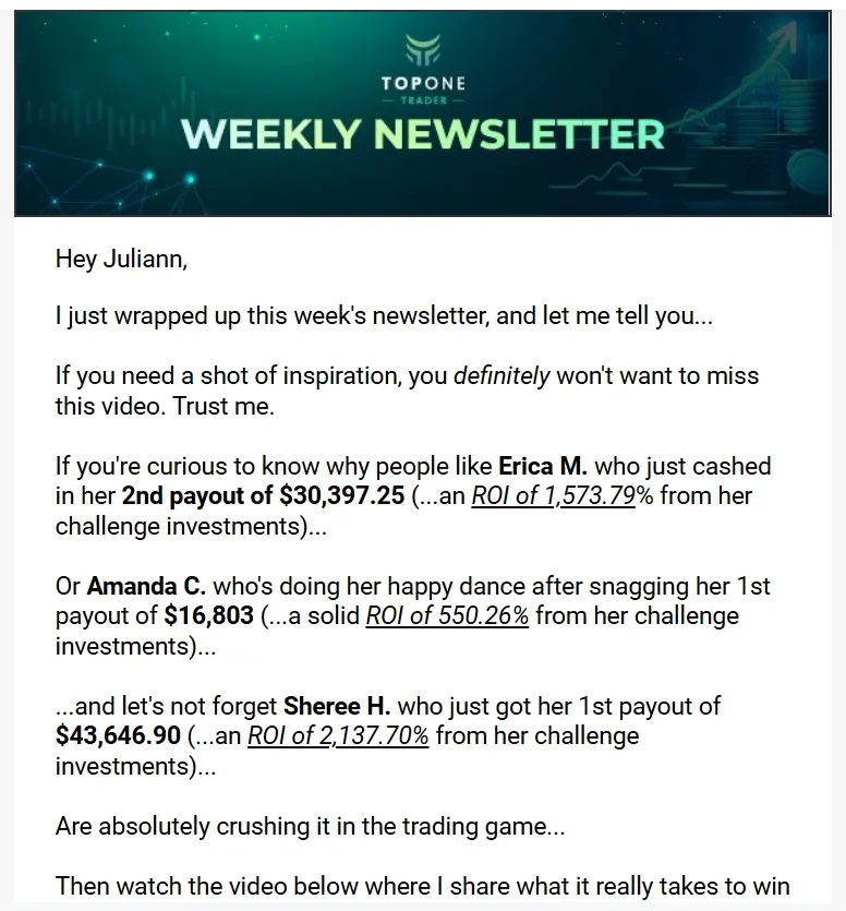 Prop firm newsletter highlighting payouts earned by TFW members