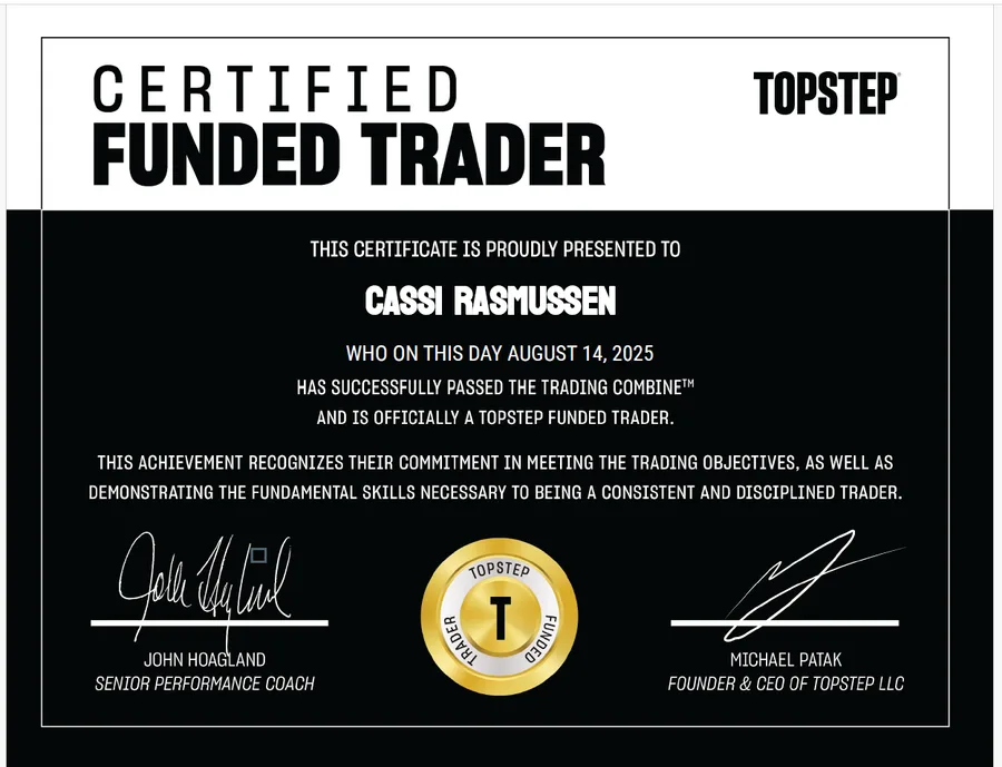 Topstep Certified Funded Trader certificate earned by a TFW member