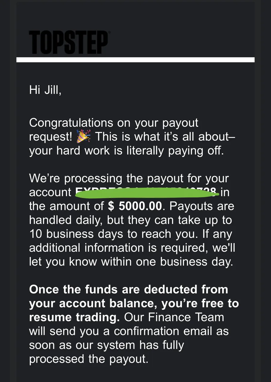 Topstep payout confirmation email for $5,000 received by a TFW member
