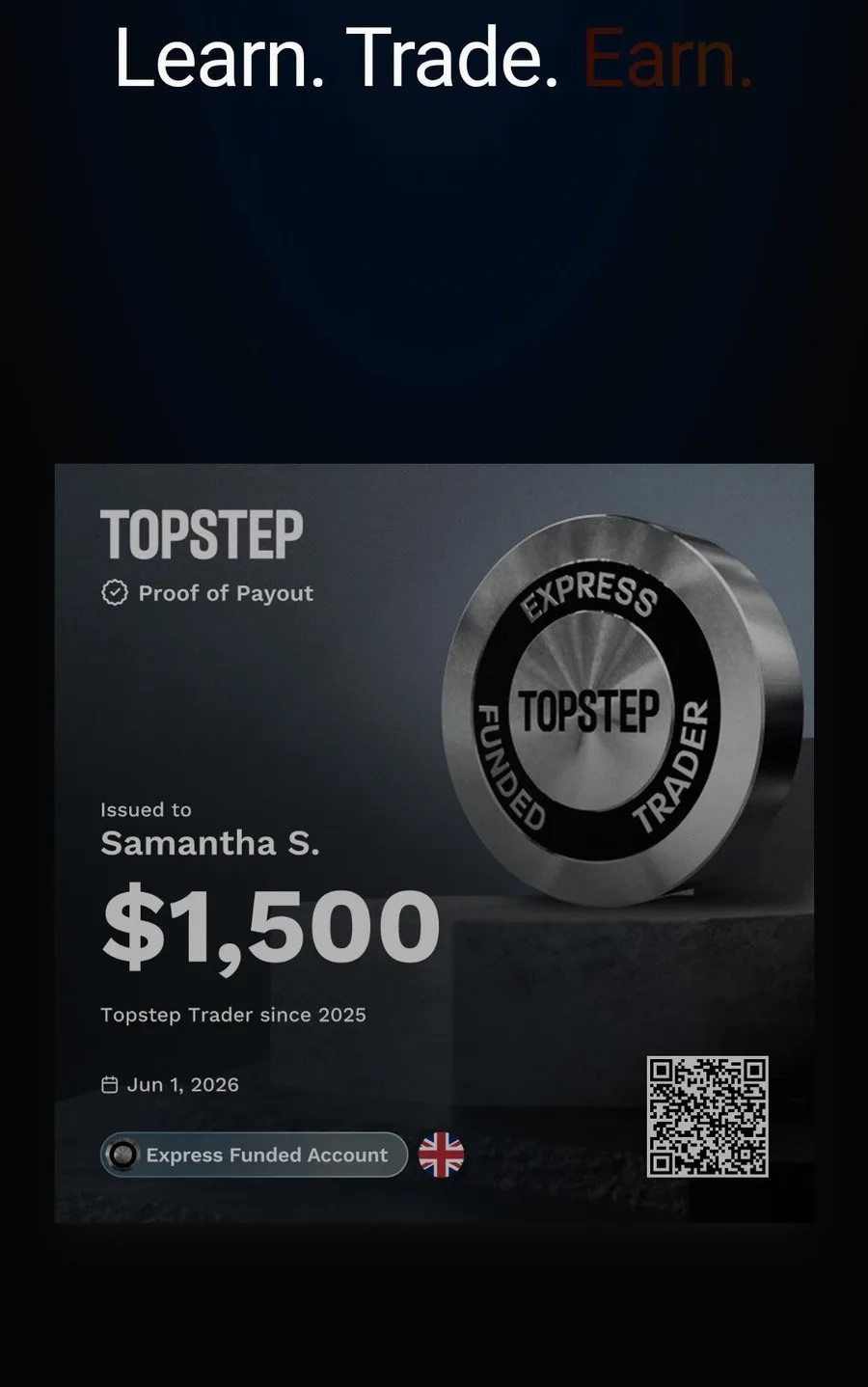 Topstep proof of payout for $1,500 issued to a TFW member